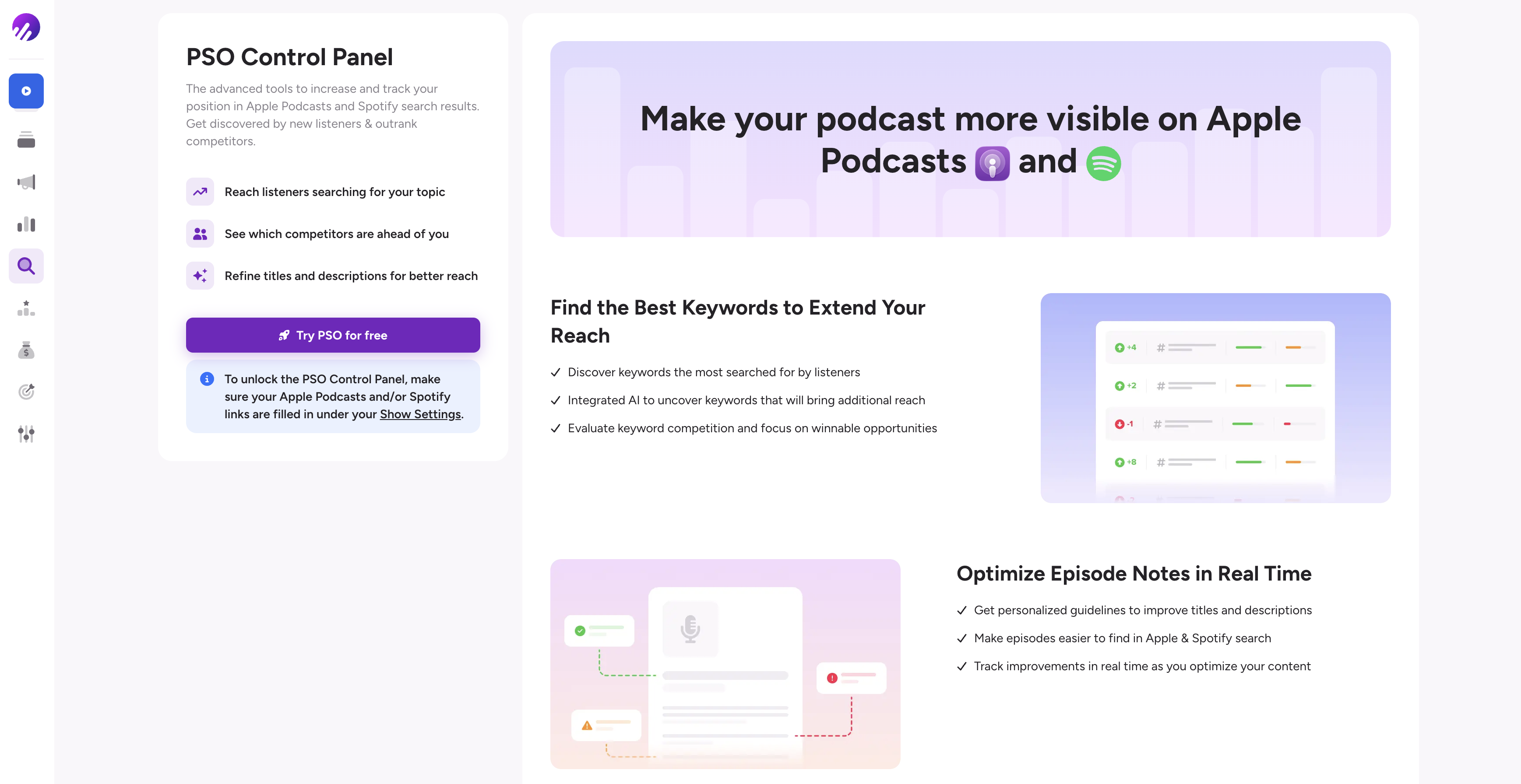 Ausha's PSO control panel for podcast search optimization